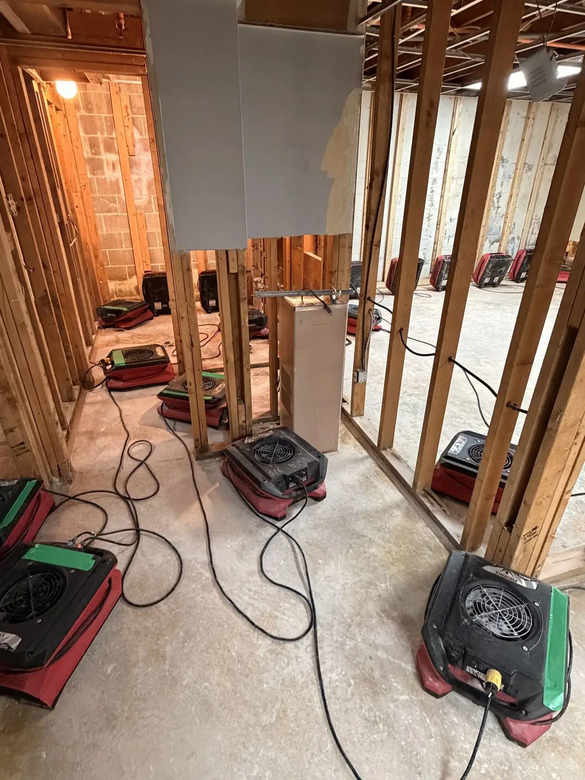 Air movers drying a basement with the walls stripped to the studs