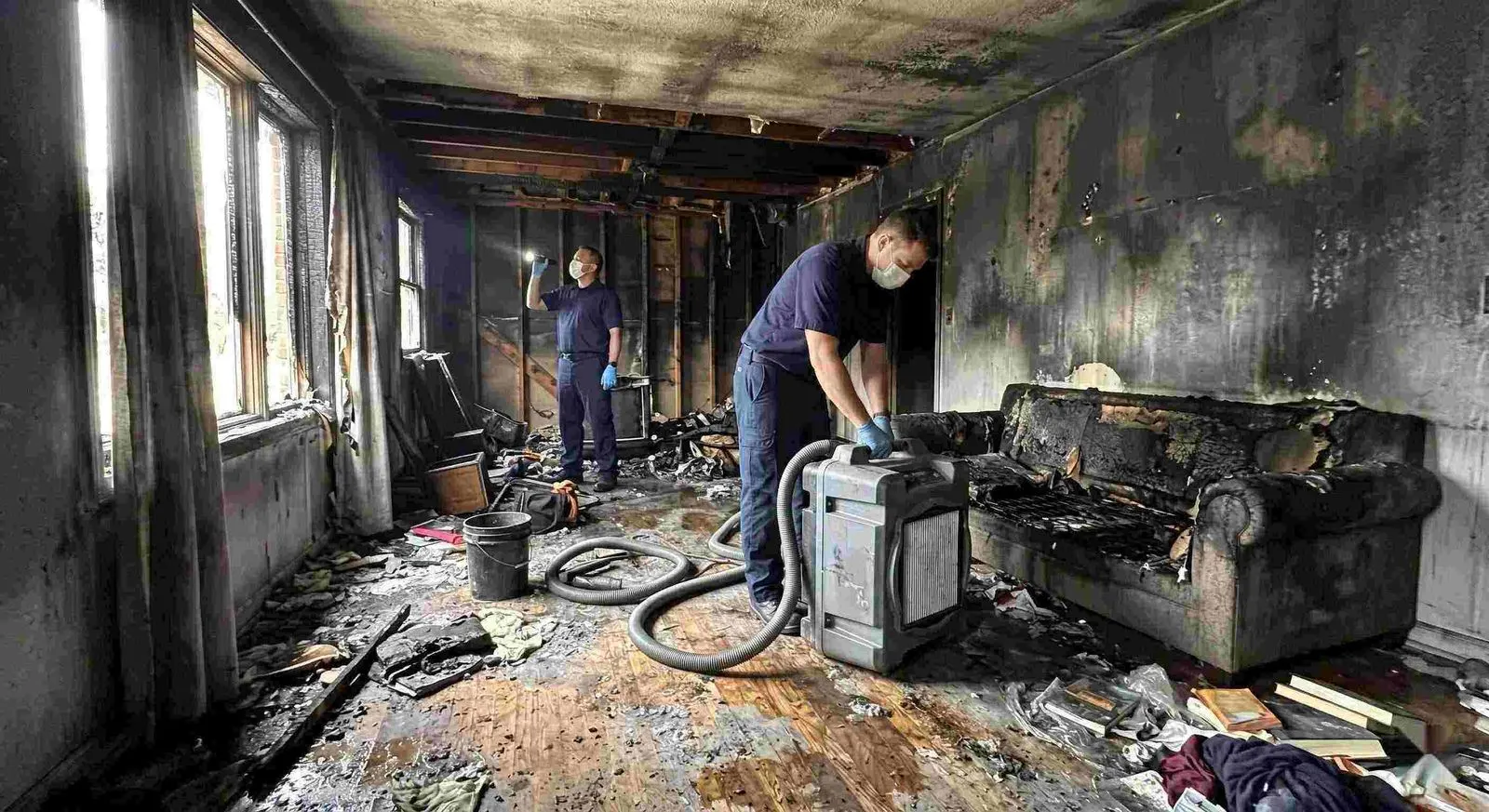 Crew members cleaning a fire-damaged room with an air filtration machine and hose