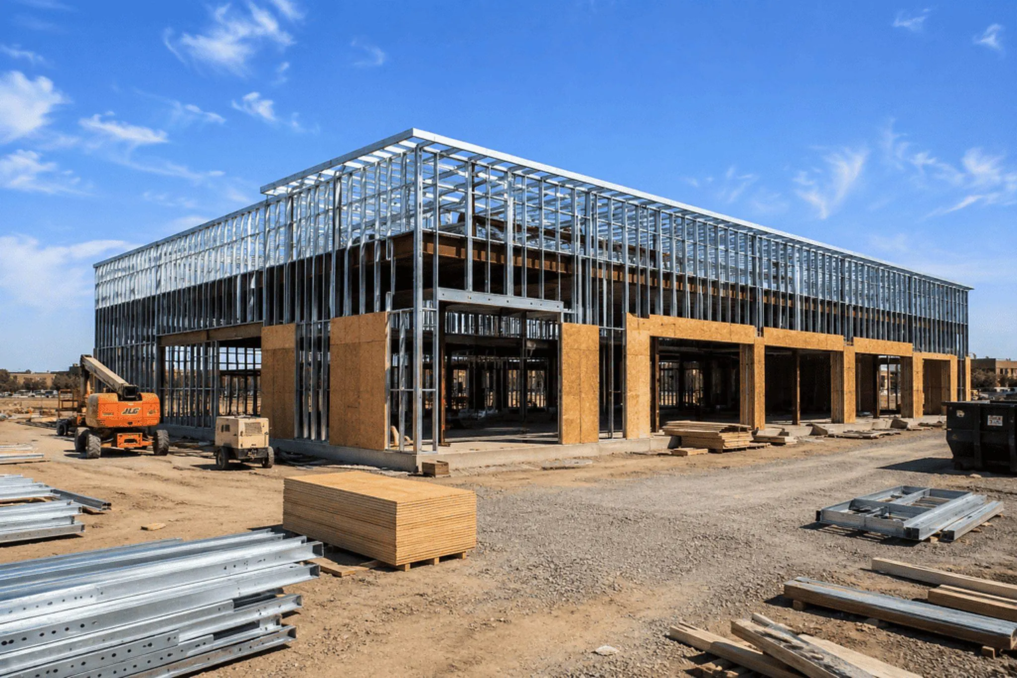 Steel-framed commercial building under construction, with a boom lift and materials on site under a blue sky